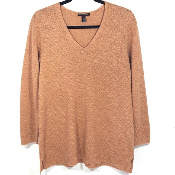 NWOT Eileen Fisher Women's Linen Sweater Tan V Neck Long Sleeve Casual L - Picture 1 of 6